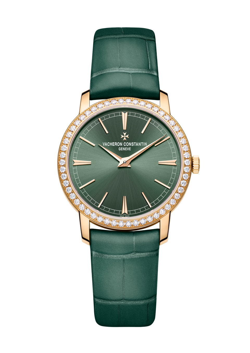 Vacheron Constantin Traditionnelle manual-winding 33 mm Green Dial with Diamonds 18K Pink Gold Alligator Leather Strap 1405T/000R-H009