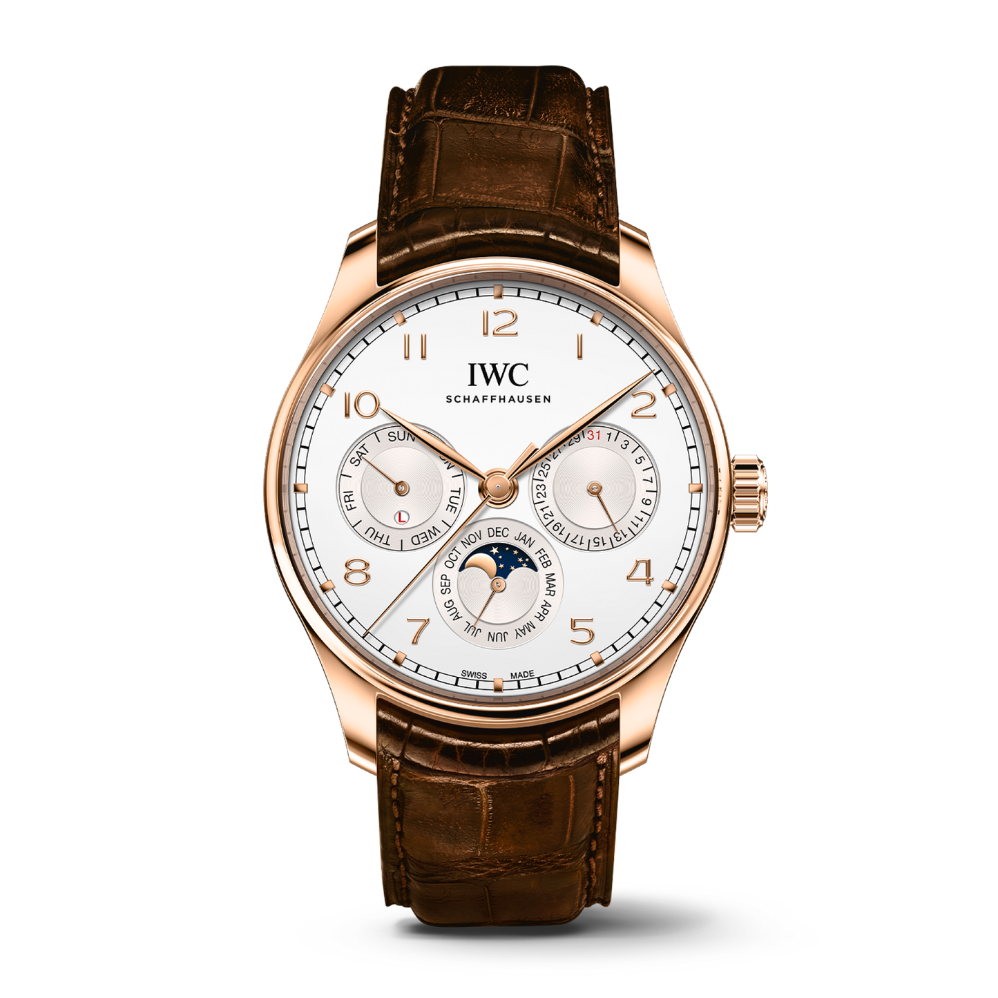 IWC Schaffhausen Portugieser Perpetual Calendar 42.4 mm Silver Dial 18k 5N Gold Brown Alligator Leather Strap IW344202