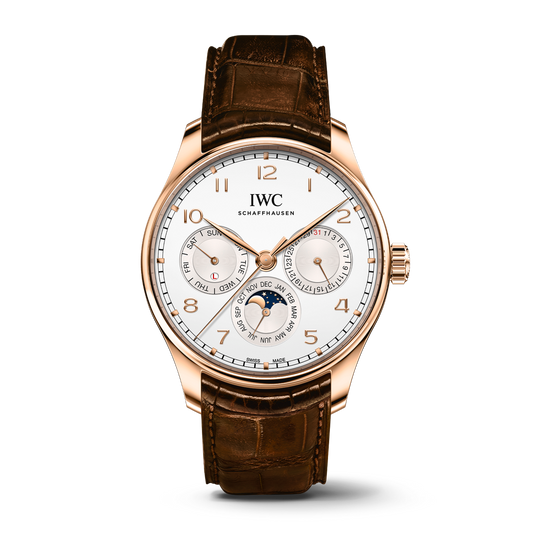 IWC Schaffhausen Portugieser Perpetual Calendar 42.4 mm Silver Dial 18k 5N Gold Brown Alligator Leather Strap IW344202