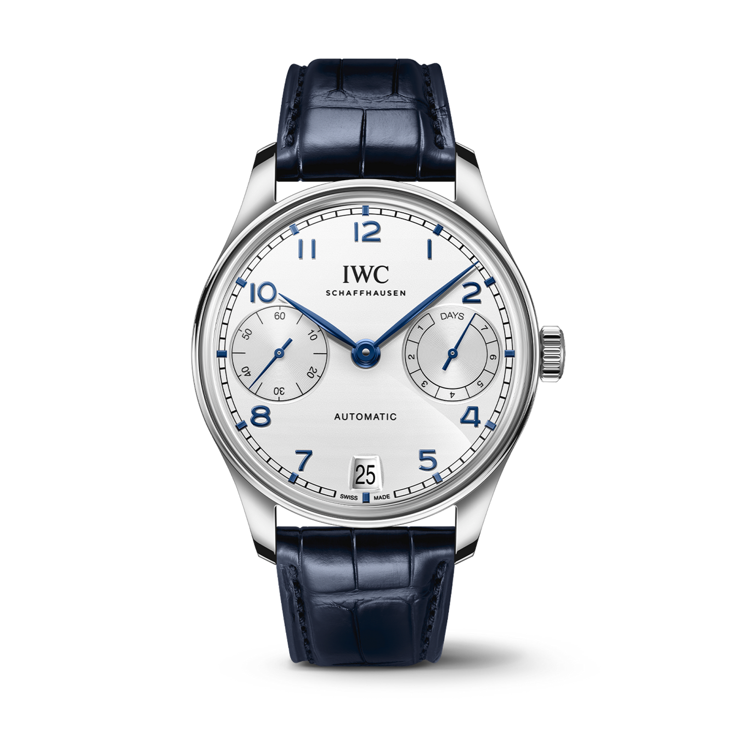 IWC Schaffhausen Portugieser Automatic 42 mm Silver Dial Stainless Steel Blue Alligator Leather Strap IW501702