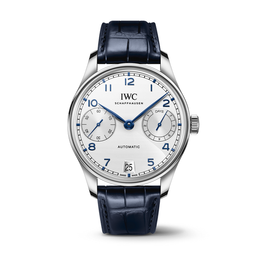 IWC Schaffhausen Portugieser Automatic 42 mm Silver Dial Stainless Steel Blue Alligator Leather Strap IW501702