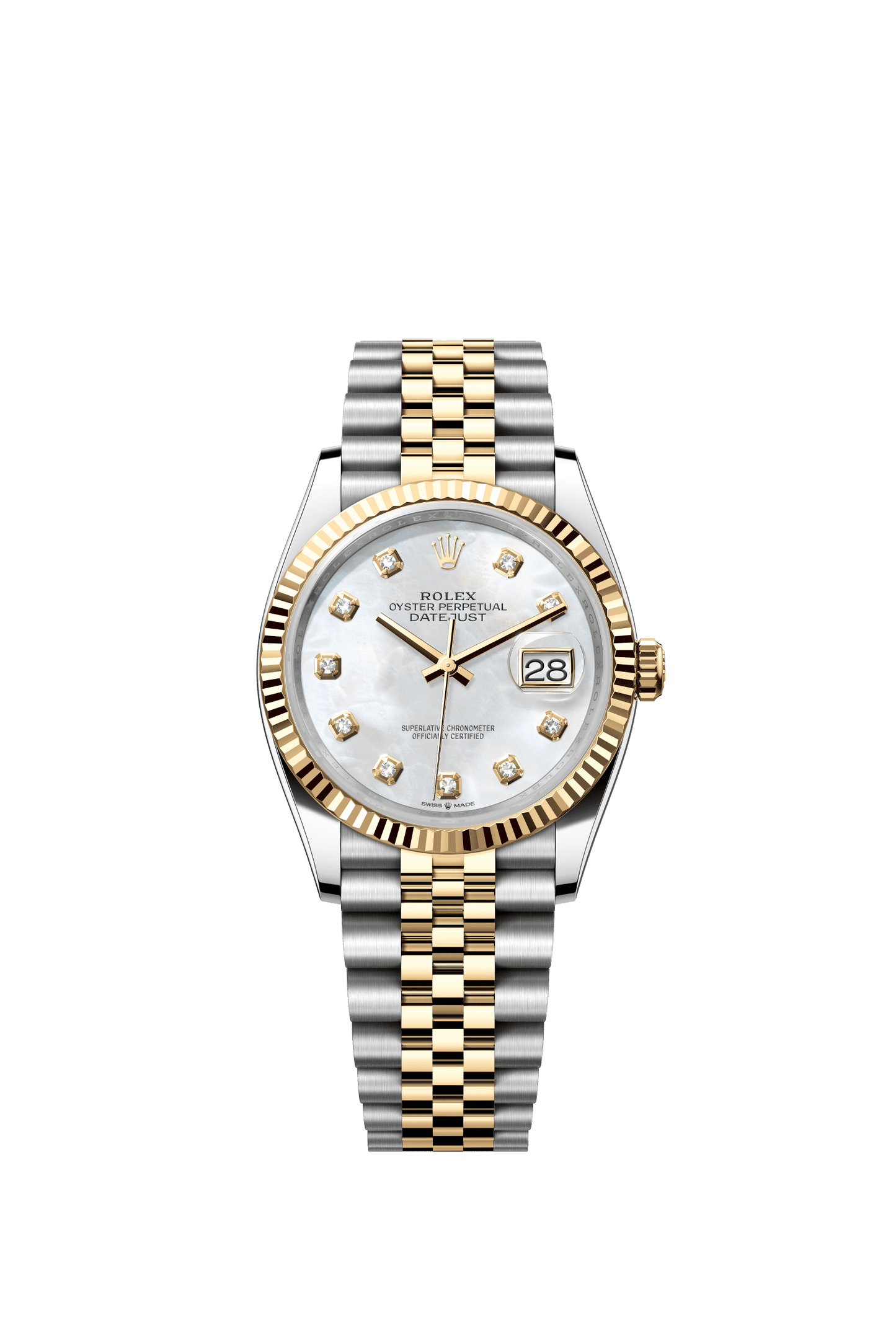 Rolex Datejust 36 36 mm White Mother-Of-Pearl Set With Diamonds Dial Oystersteel and 18k Yellow Gold Jubilee Bracelet m126233-0023