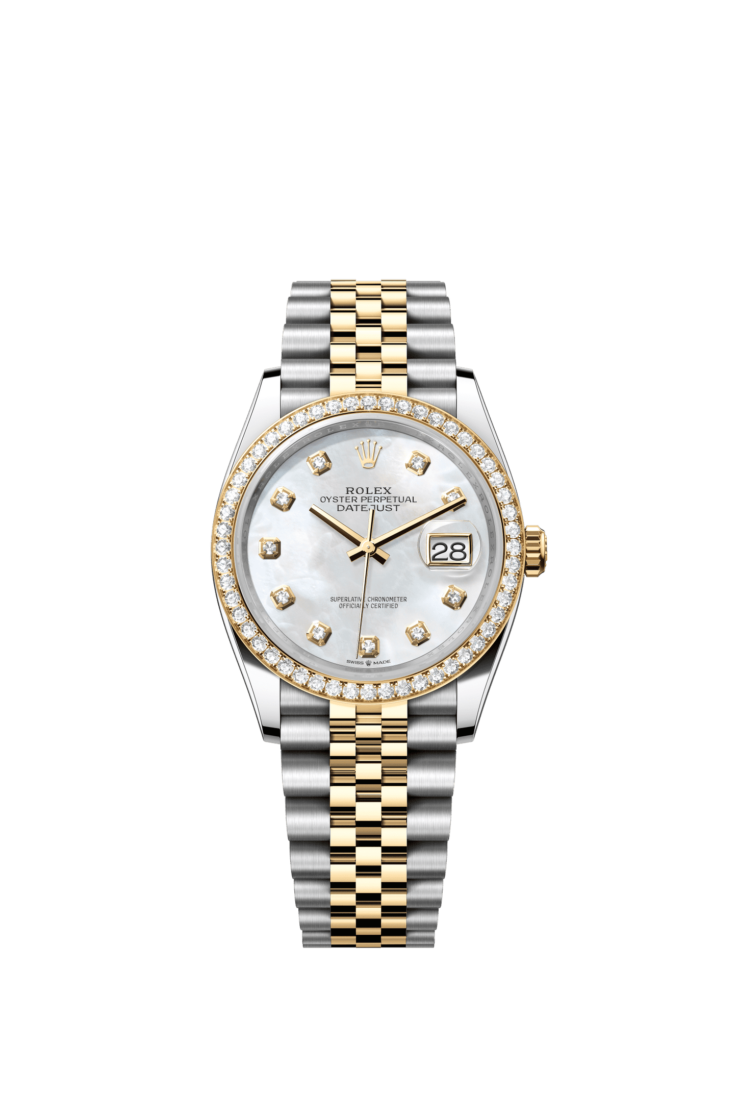 Rolex Datejust 36 36 mm White Mother-Of-Pearl Set With Diamonds Dial Oystersteel and 18k Yellow Gold Jubilee Bracelet m126283rbr-0009