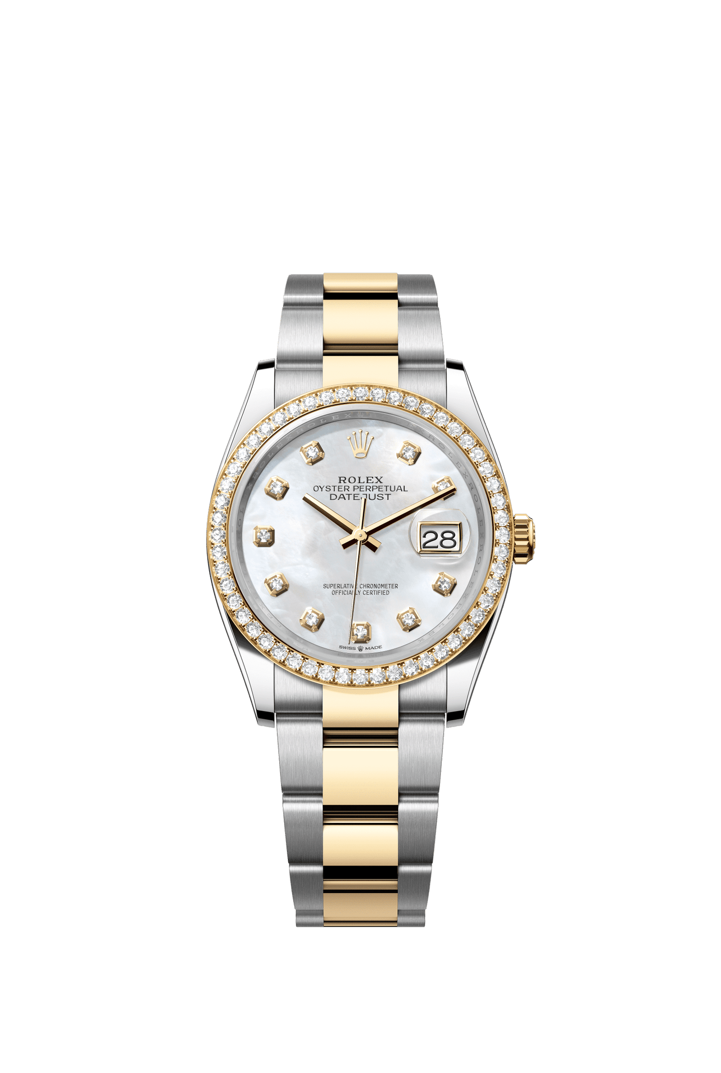 Rolex Datejust 36 36 mm White Mother-Of-Pearl Set With Diamonds Dial Oystersteel and 18k Yellow Gold Oyster Bracelet m126283rbr-0010