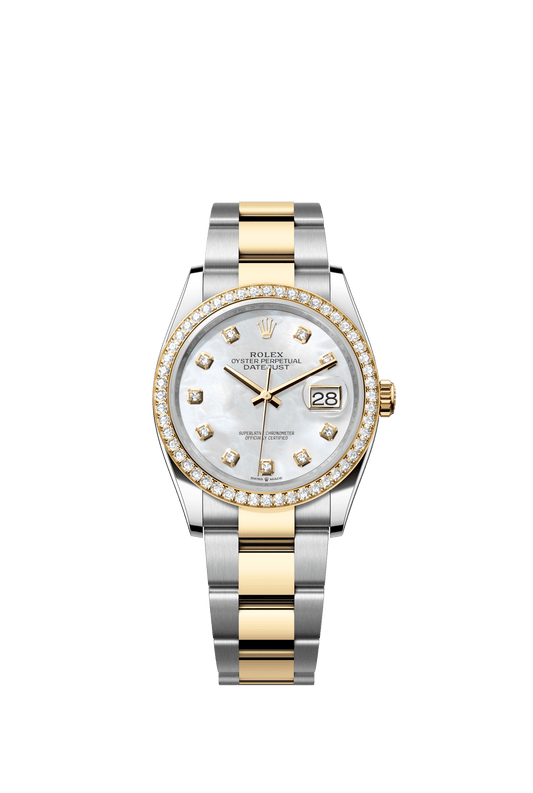 Rolex Datejust 36 36 mm White Mother-Of-Pearl Set With Diamonds Dial Oystersteel and 18k Yellow Gold Oyster Bracelet m126283rbr-0010