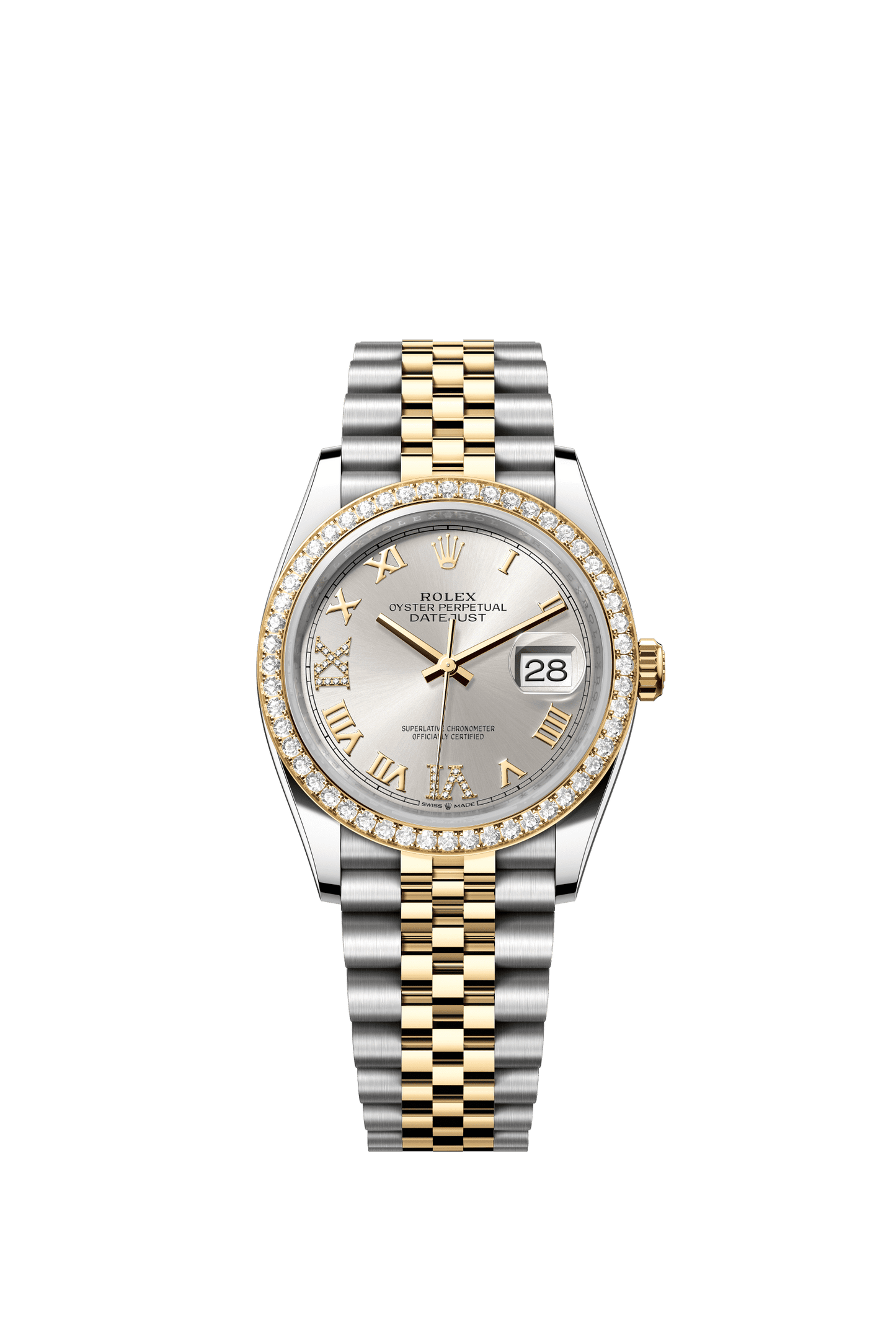 Rolex Datejust 36 36 mm Silver Set With Diamonds Dial Oystersteel and 18k Yellow Gold Jubilee Bracelet m126283rbr-0017