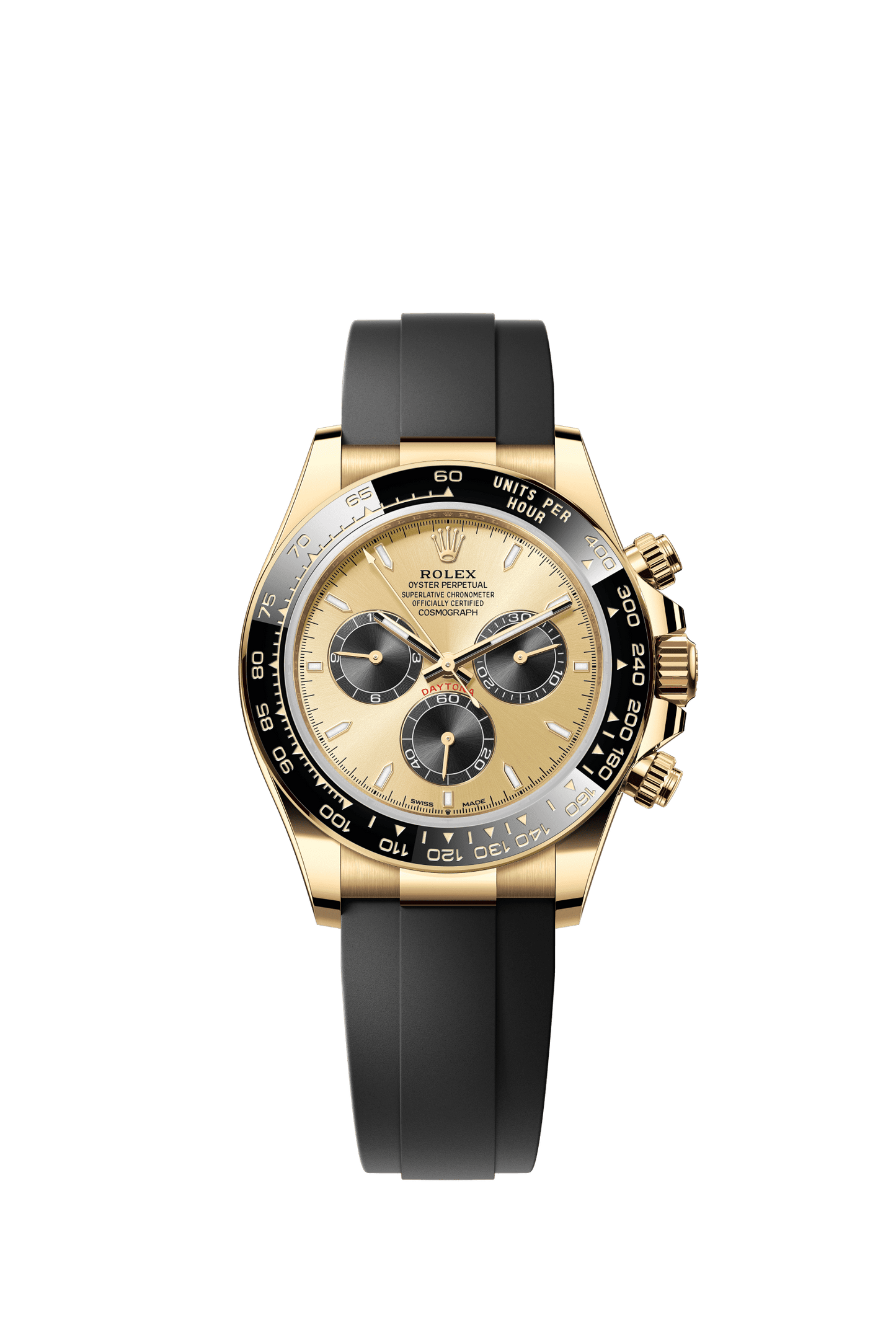 Rolex Cosmograph Daytona 40 mm Golden and Bright Black Dial 18 kt Yellow Gold Oysterflex Bracelet m126518ln-0012