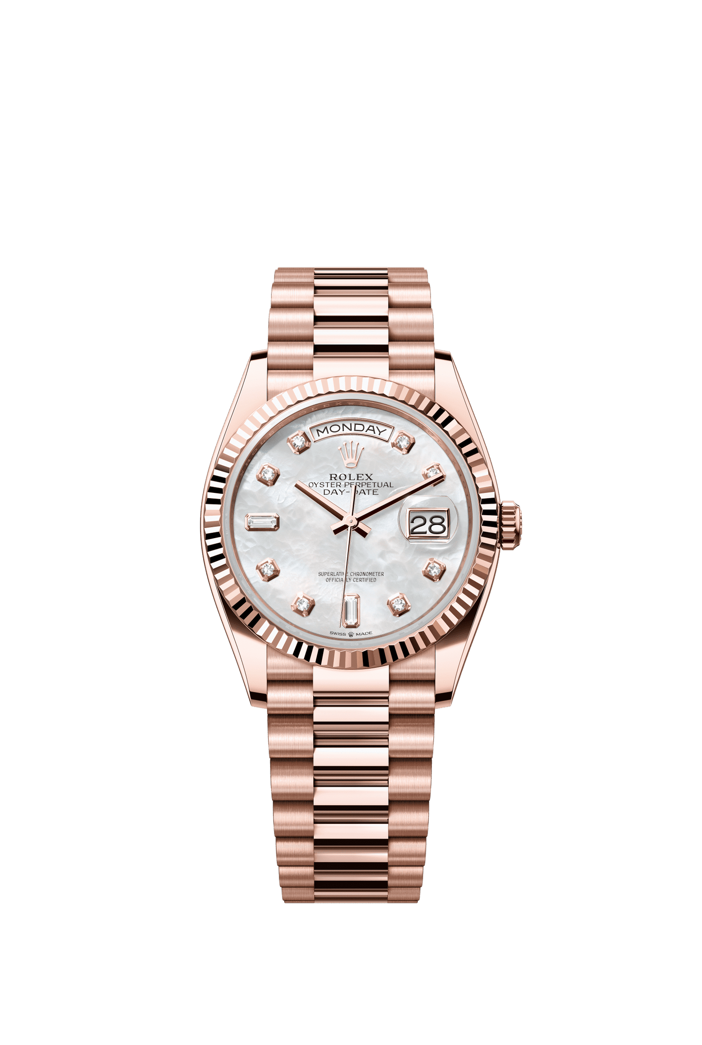 Rolex Day-Date 36 36 mm White Mother-Of-Pearl Set With Diamonds Dial 18 kt Everose Gold President Bracelet m128235-0029