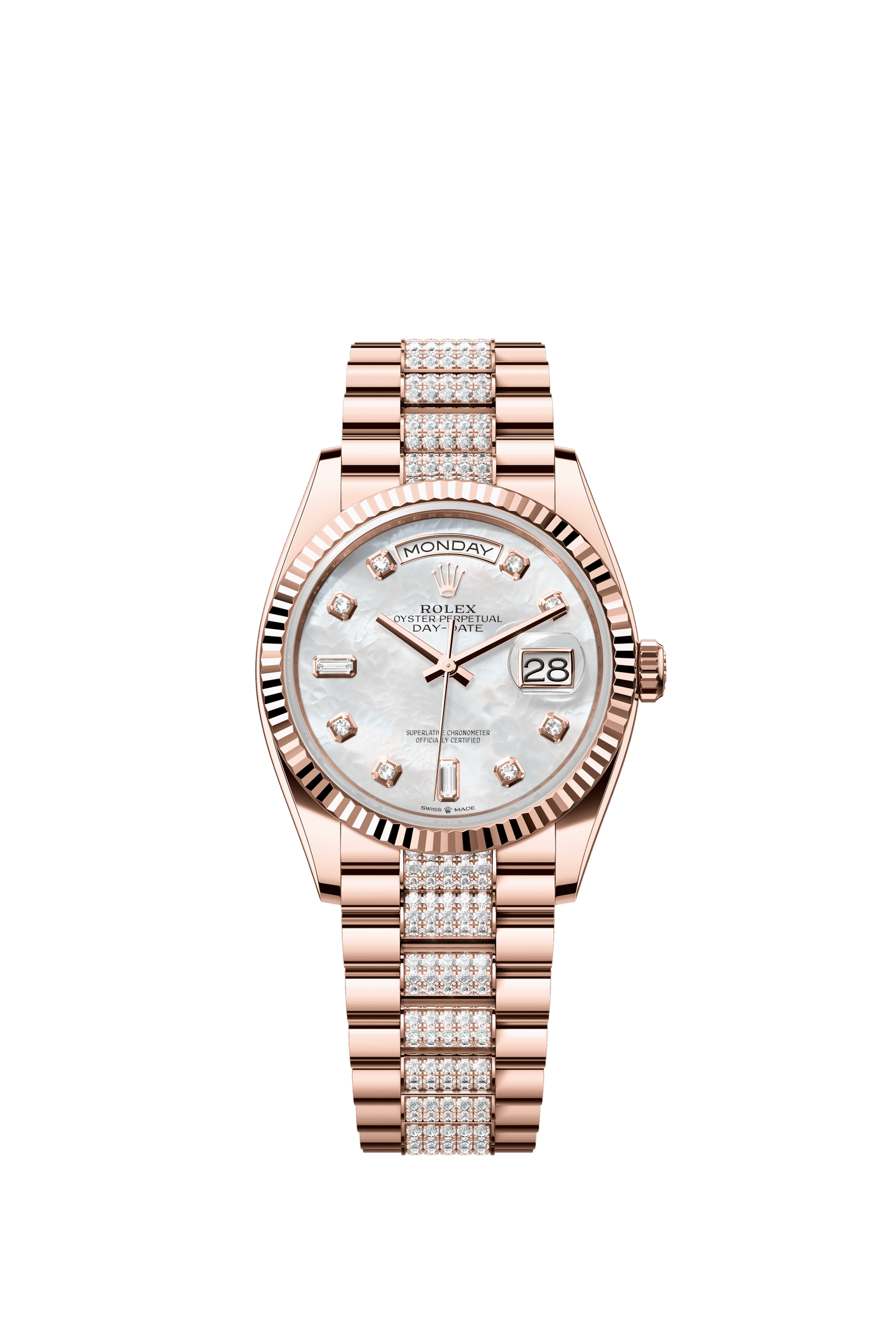 Rolex Day-Date 36 36 mm White Mother-Of-Pearl Set With Diamonds Dial 18 kt Everose Gold President Bracelet m128235-0032