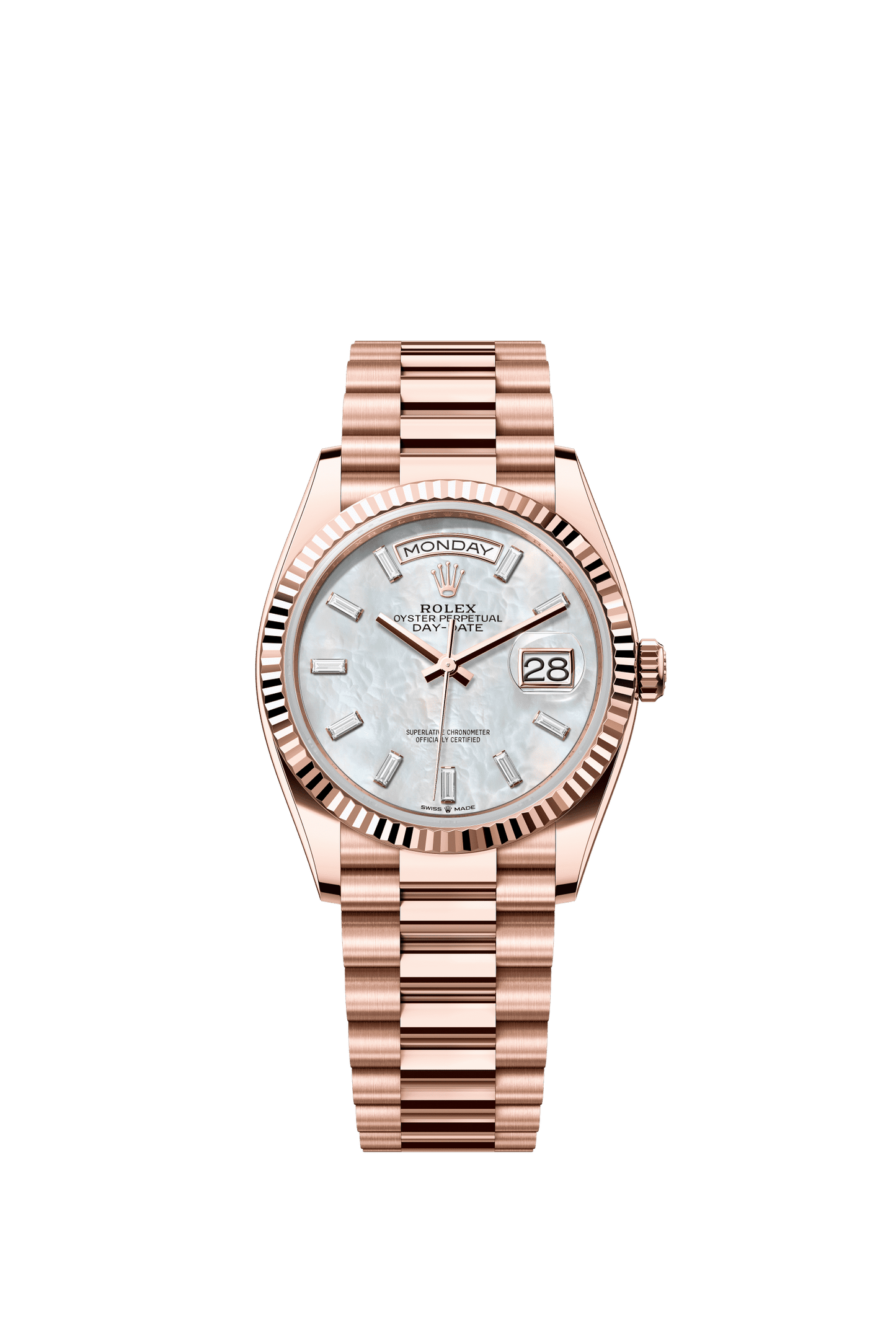 Rolex Day-Date 36 36 mm White Mother-Of-Pearl Set With Diamonds Dial 18 kt Everose Gold President Bracelet m128235-0078