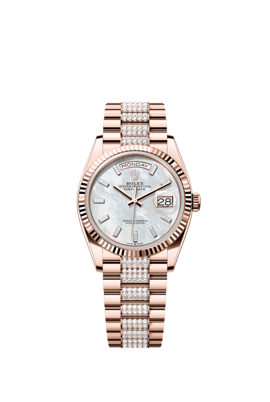 Rolex Day-Date 36 36 mm White Mother-Of-Pearl Set With Diamonds Dial 18 kt Everose Gold President Bracelet m128235-0079