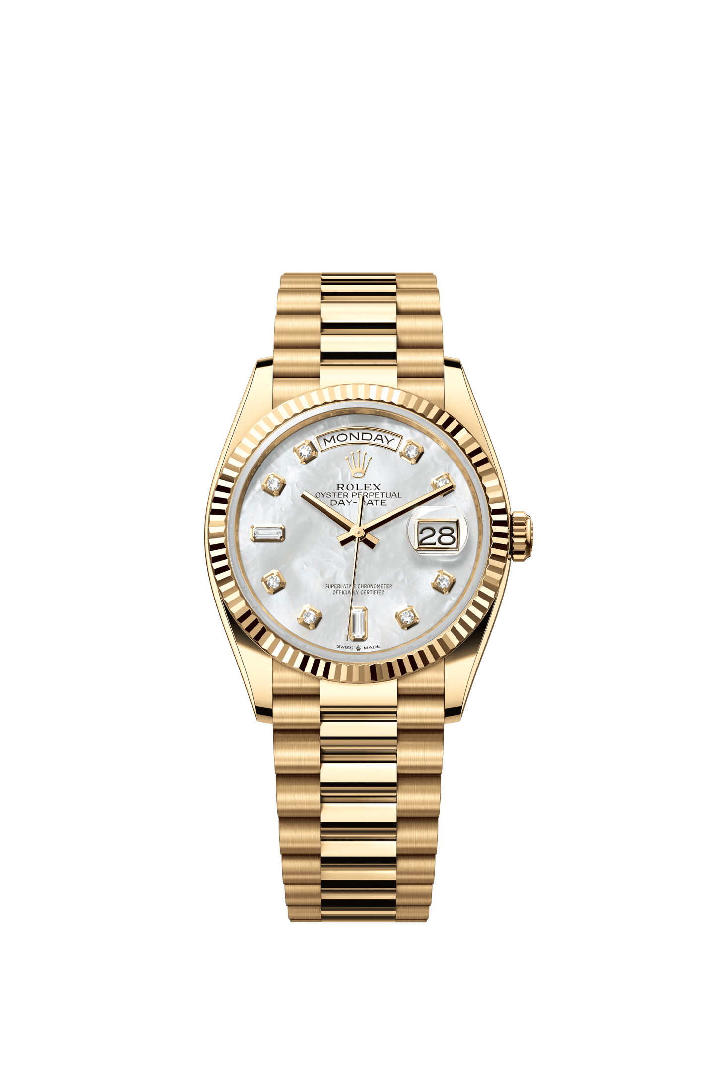 Rolex Day-Date 36 36 mm White Mother-Of-Pearl Set With Diamonds Dial 18k Yellow Gold President Bracelet m128238-0011