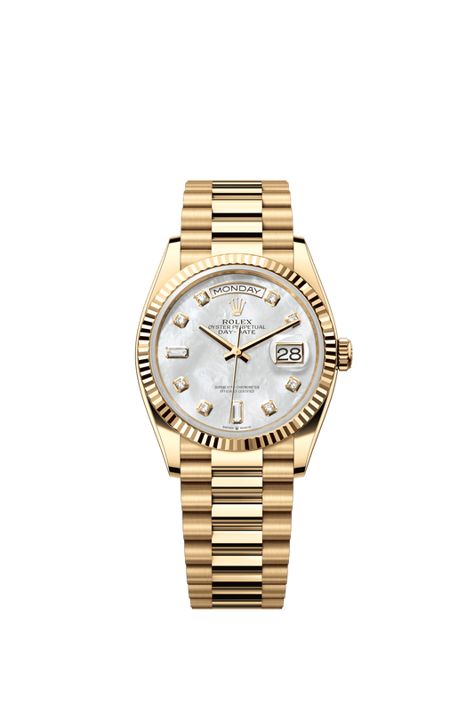 Rolex Day-Date 36 36 mm White Mother-Of-Pearl Set With Diamonds Dial 18k Yellow Gold President Bracelet m128238-0011