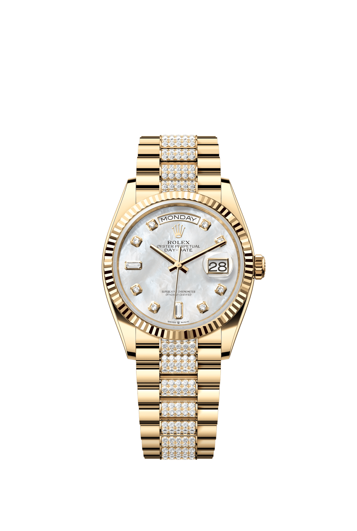 Rolex Oyster 36 mm White mother-of-pearl set with diamonds Dial 18k Yellow Gold Diamond-set President m128238-0032