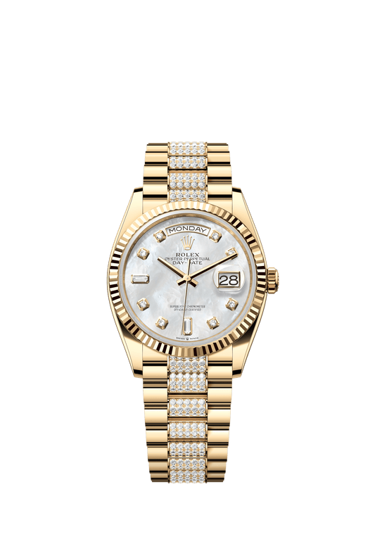 Rolex Oyster 36 mm White mother-of-pearl set with diamonds Dial 18k Yellow Gold Diamond-set President m128238-0032