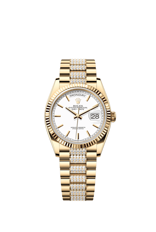 Rolex Day-Date 36 36 mm White Dial 18k Yellow Gold President Bracelet with Diamonds m128238-0082