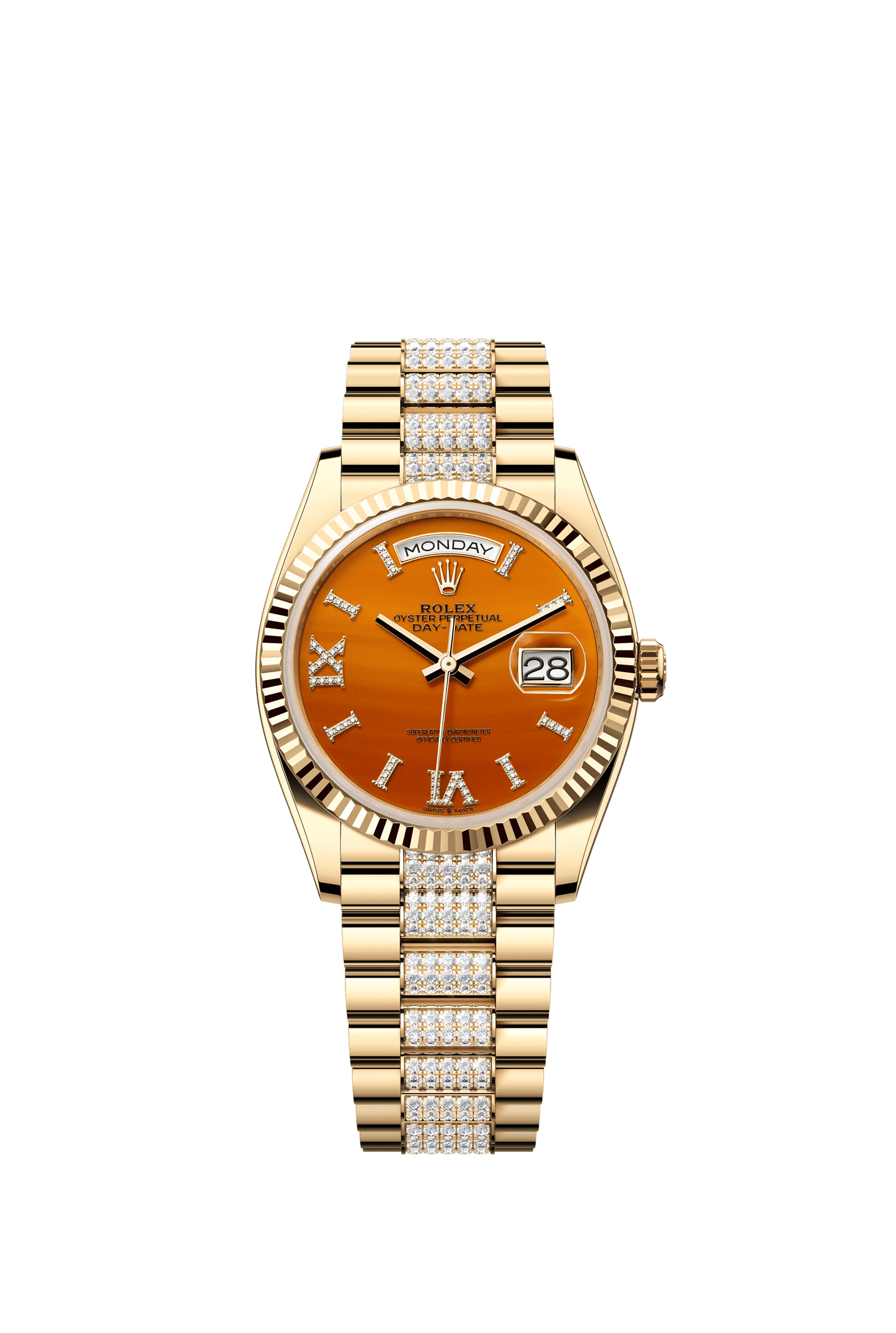 Rolex Oyster 36 mm Carnelian Set With Diamonds Dial 18k Yellow Gold Diamond-set President m128238-0089