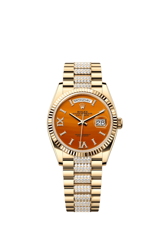 Rolex Oyster 36 mm Carnelian Set With Diamonds Dial 18k Yellow Gold Diamond-set President m128238-0089