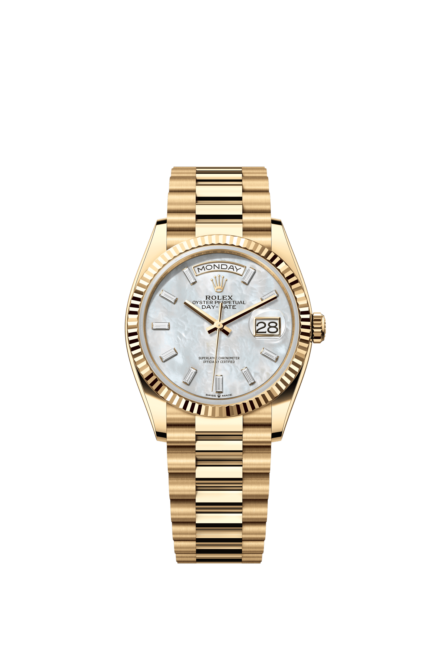 Rolex Day-Date 36 36 mm White Mother-Of-Pearl Set With Diamonds Dial 18k Yellow Gold President Bracelet m128238-0123