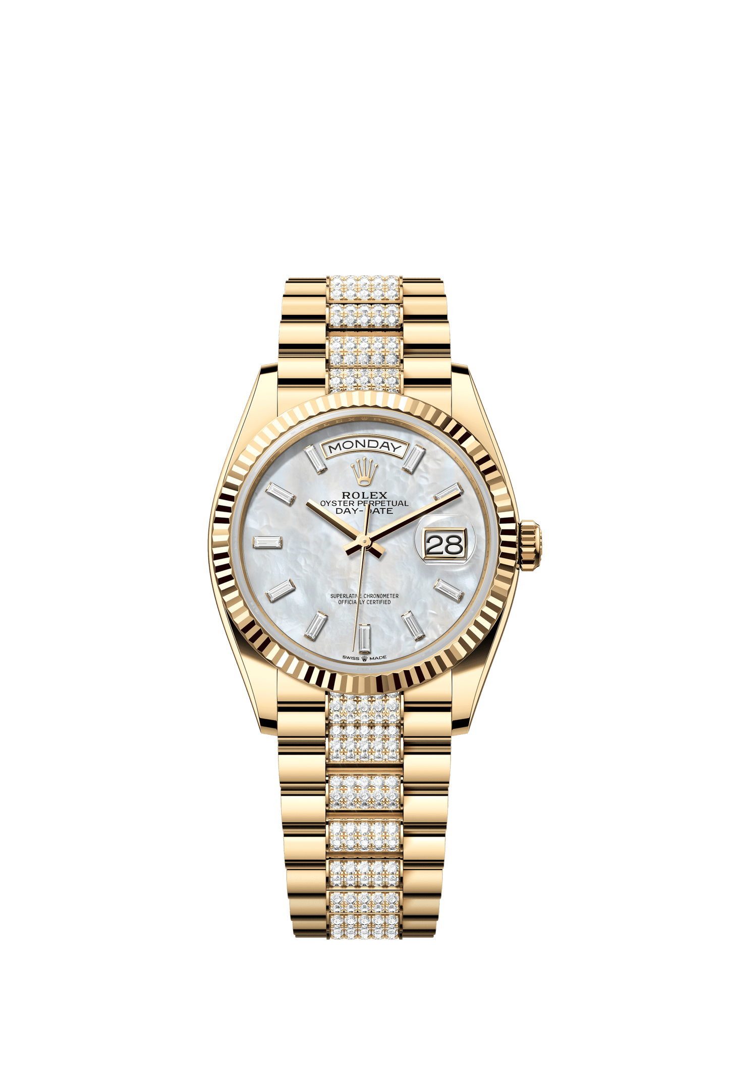 Rolex Oyster 36 mm White Mother-Of-Pearl Set With Diamonds Dial 18k Yellow Gold Diamond-set President m128238-0124