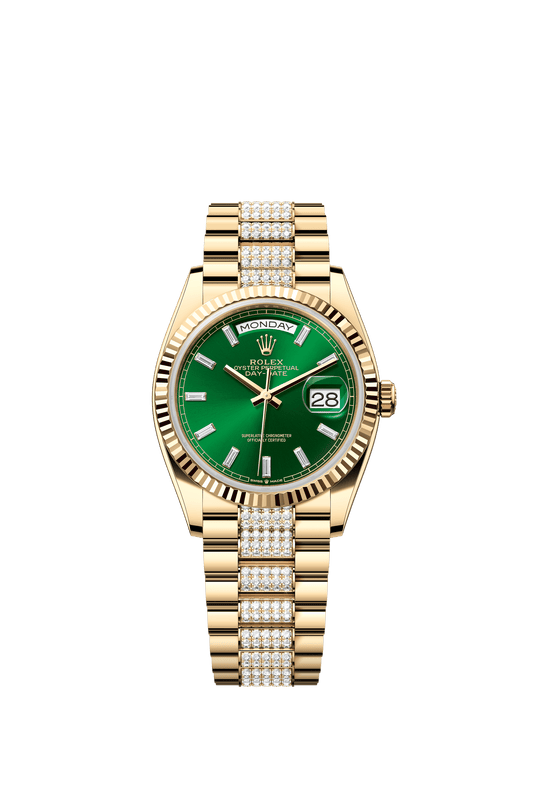 Rolex Oyster 36 mm Bright Green Set With Diamonds Dial 18k Yellow Gold Diamond-set President m128238-0131