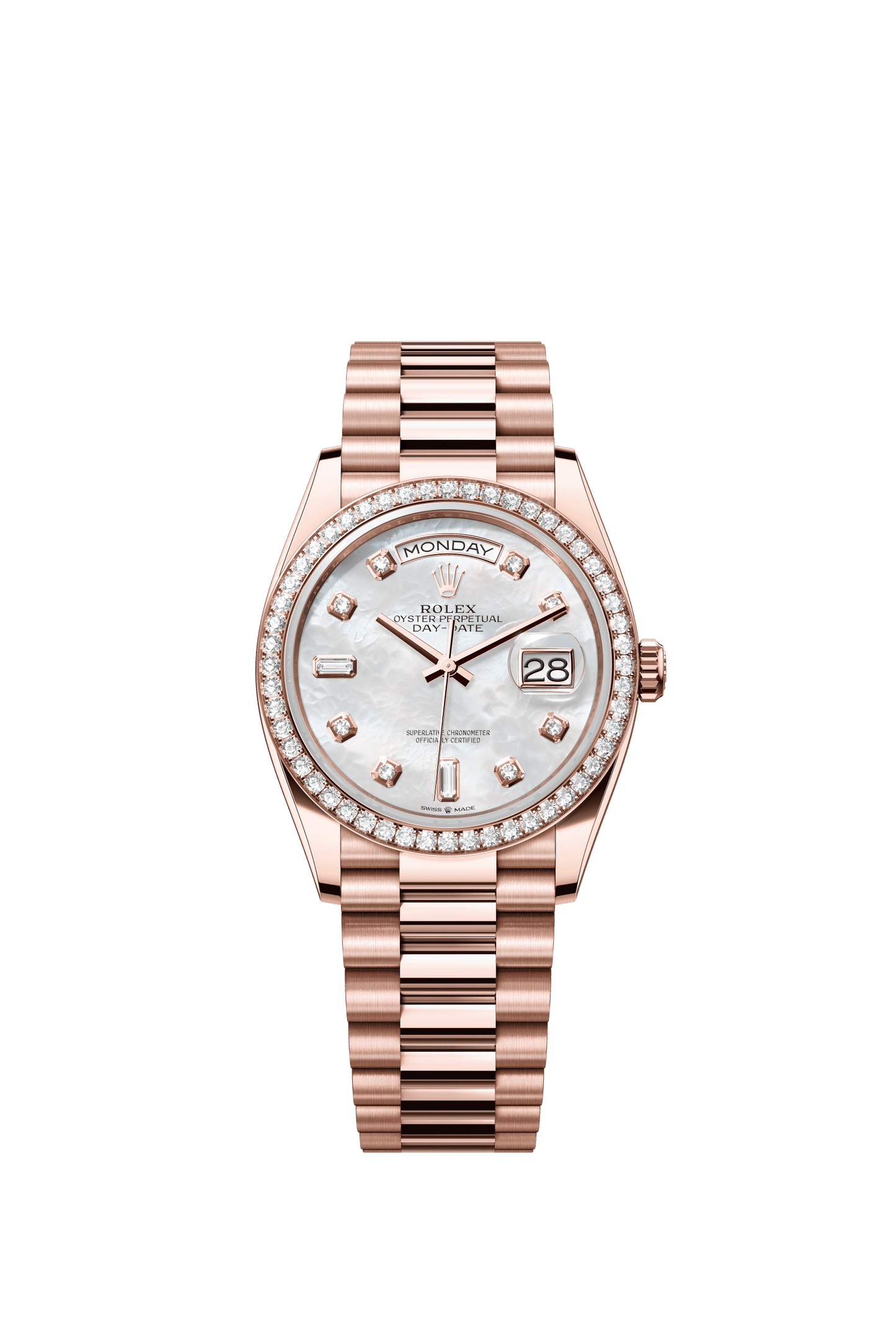 Rolex Day-Date 36 36 mm White Mother-Of-Pearl Set With Diamonds Dial 18 kt Everose Gold President Bracelet m128345rbr-0028