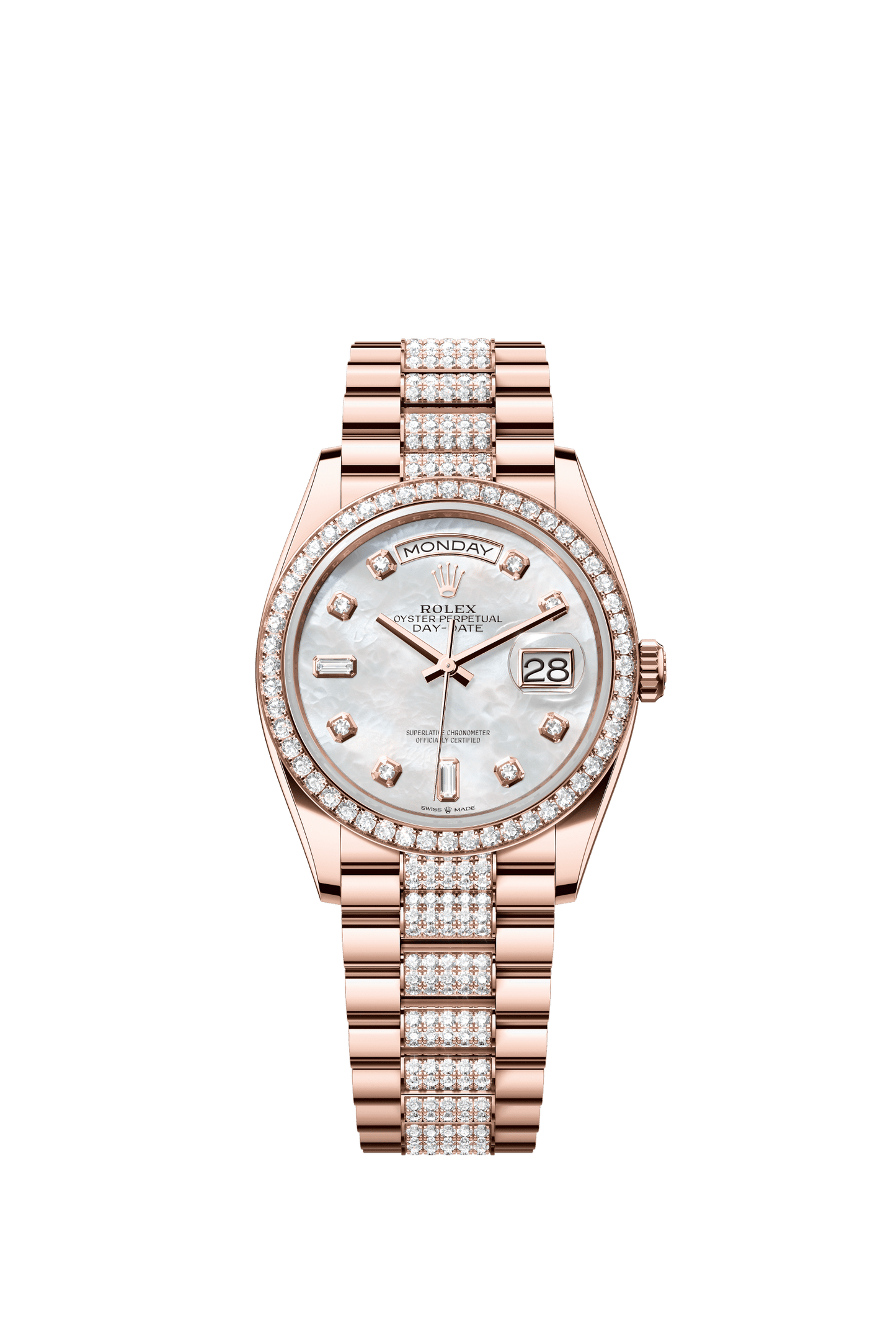 Rolex Day-Date 36 36 mm White Mother-Of-Pearl Set With Diamonds Dial 18 kt Everose Gold President Bracelet m128345rbr-0030