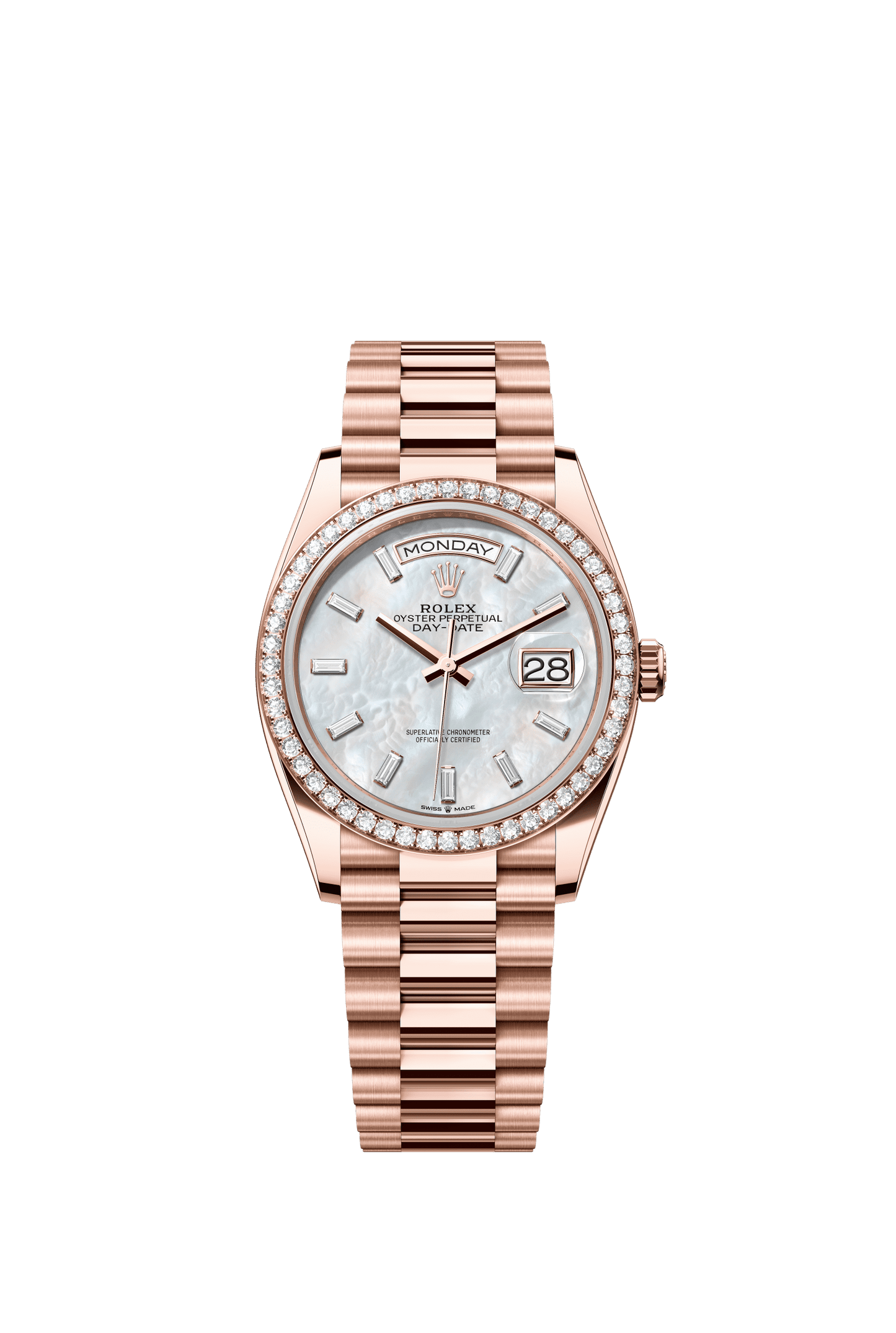 Rolex Day-Date 36 36 mm White Mother-Of-Pearl Set With Diamonds Dial 18 kt Everose Gold President Bracelet m128345rbr-0077