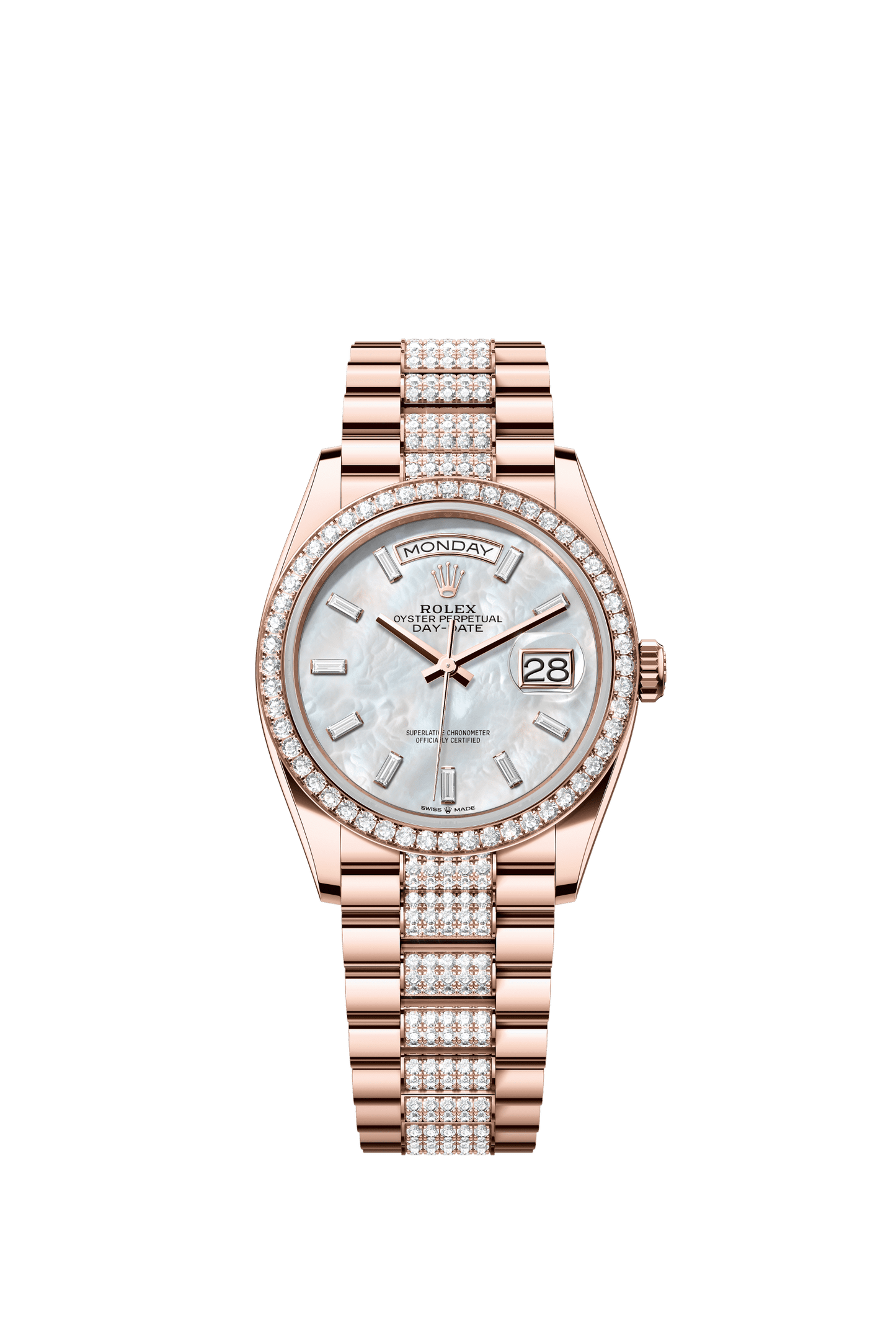 Rolex Day-Date 36 36 mm White Mother-Of-Pearl Set With Diamonds Dial 18 kt Everose Gold President Bracelet m128345rbr-0078