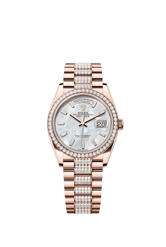 Rolex Day-Date 36 36 mm White Mother-Of-Pearl Set With Diamonds Dial 18 kt Everose Gold President Bracelet m128345rbr-0078