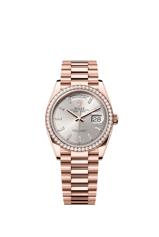 Rolex Day-Date 36 36 mm Silver Set With Diamonds Dial 18 kt Everose Gold President Bracelet m128345rbr-0081