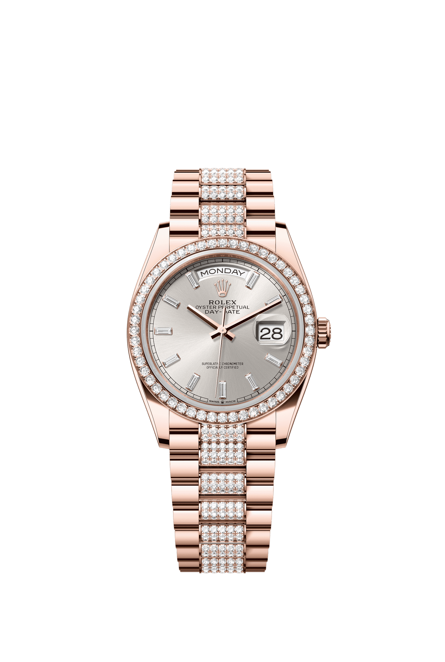 Rolex Day-Date 36 36 mm Silver Set With Diamonds Dial 18 kt Everose Gold President Bracelet m128345rbr-0082