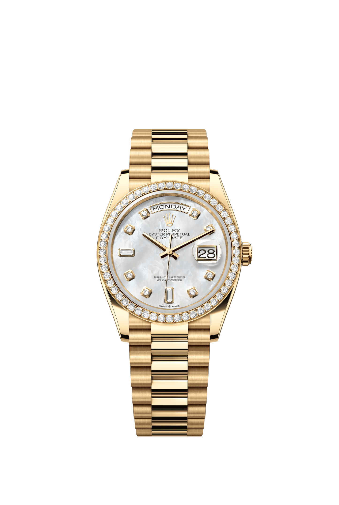 Rolex Day-Date 36 36 mm White Mother-Of-Pearl Set With Diamonds Dial 18k Yellow Gold President Bracelet m128348rbr-0017