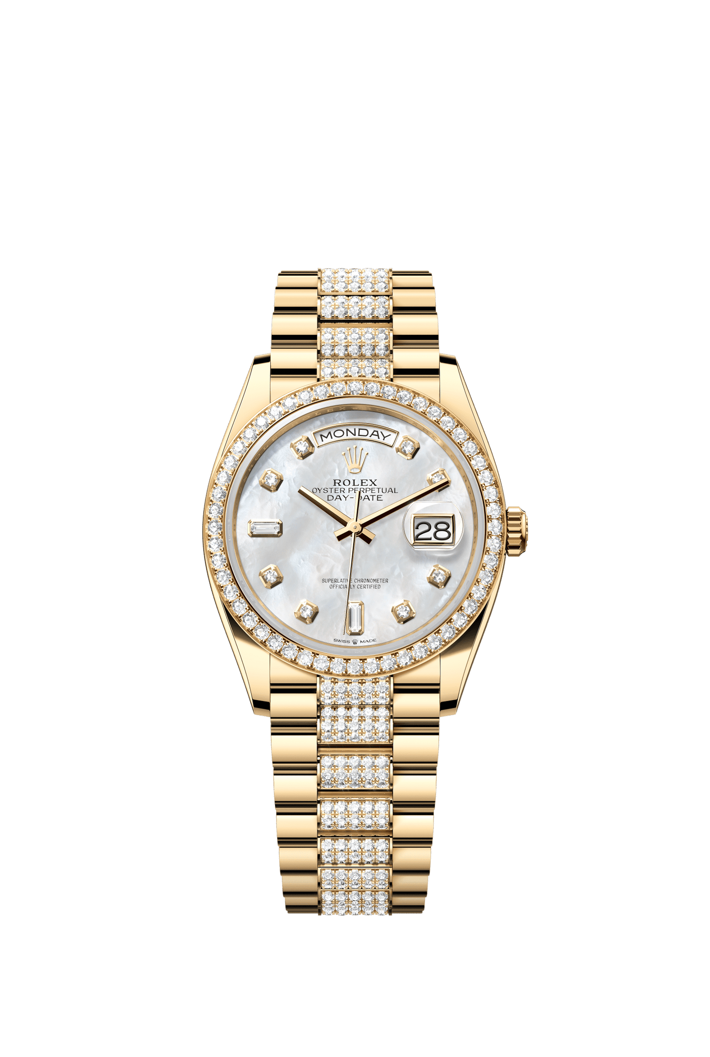 Rolex Day-Date 36 36 mm White Mother-Of-Pearl Set With Diamonds Dial 18k Yellow Gold President Bracelet m128348rbr-0019