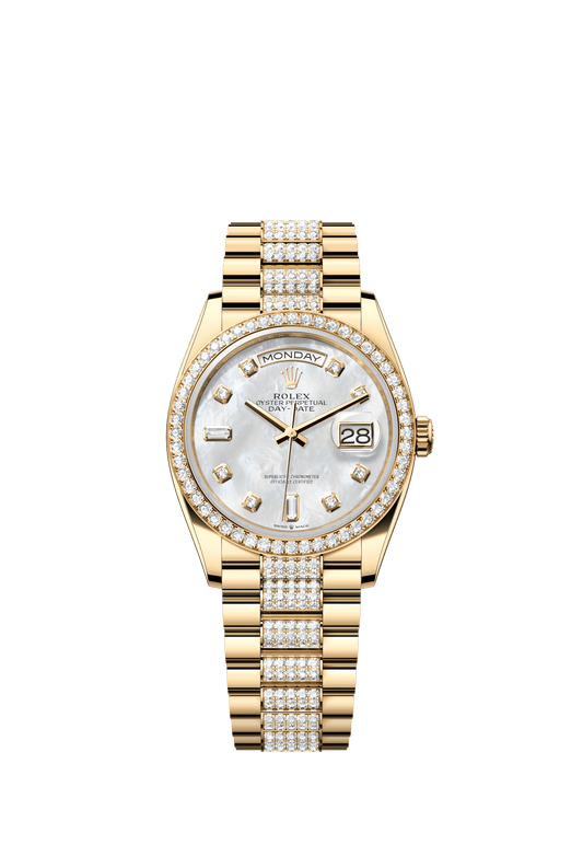 Rolex Day-Date 36 36 mm White Mother-Of-Pearl Set With Diamonds Dial 18k Yellow Gold President Bracelet m128348rbr-0019