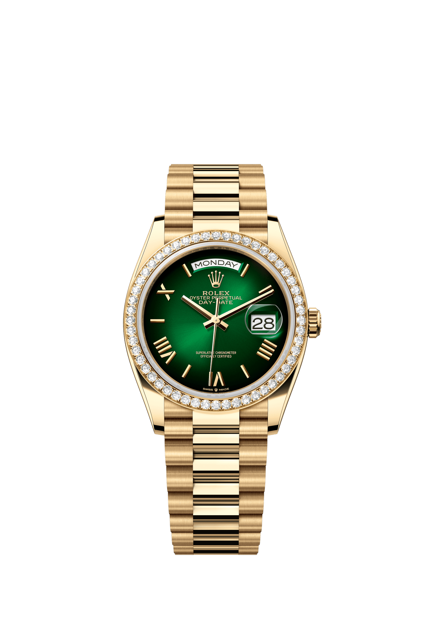 Rolex Day-Date 36 36 mm Green Ombré Dial with Diamonds 18k Yellow Gold President Bracelet m128348rbr-0068