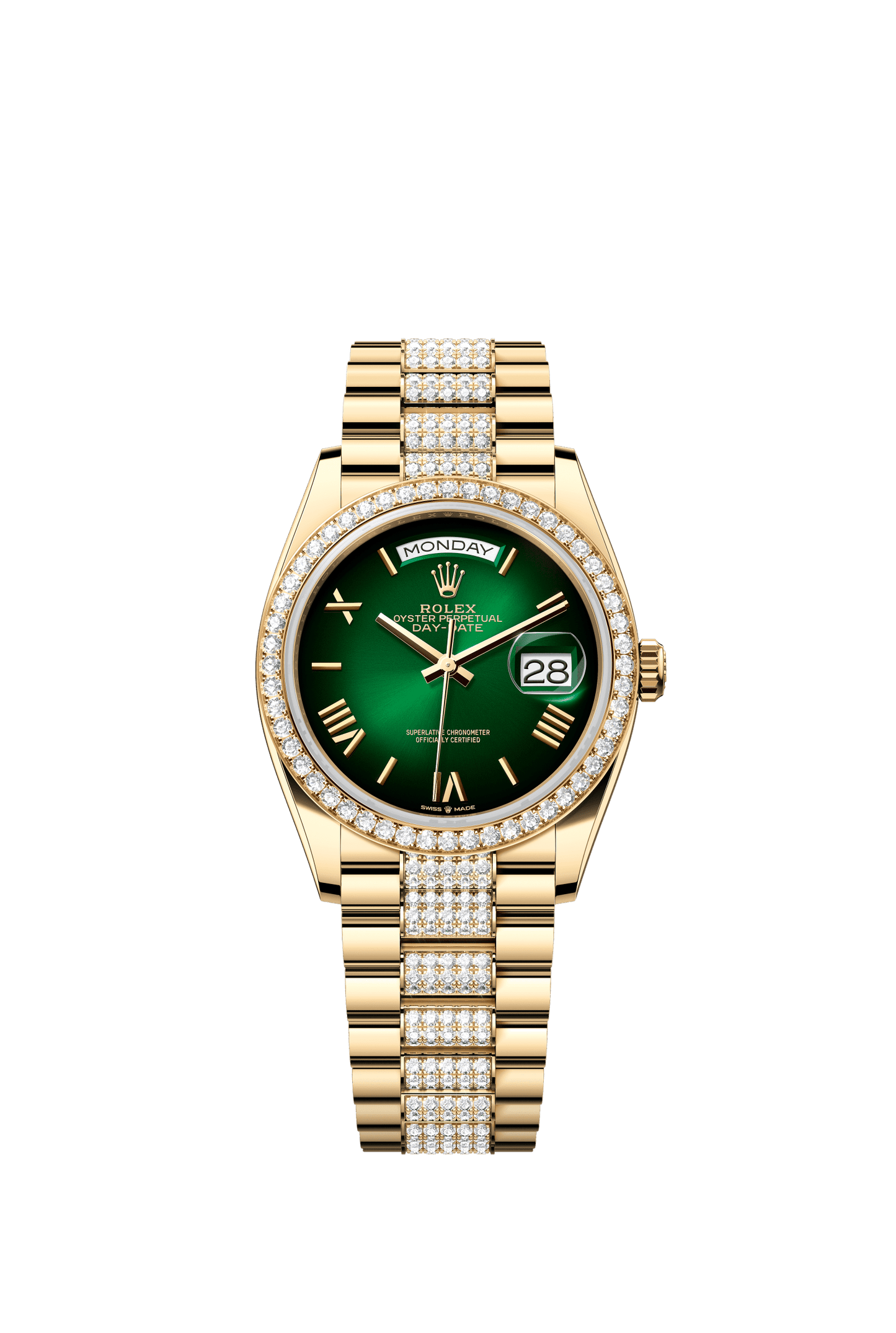 Rolex Day-Date 36 36 mm Green Ombré Dial with Diamonds 18k Yellow Gold President Bracelet m128348rbr-0069