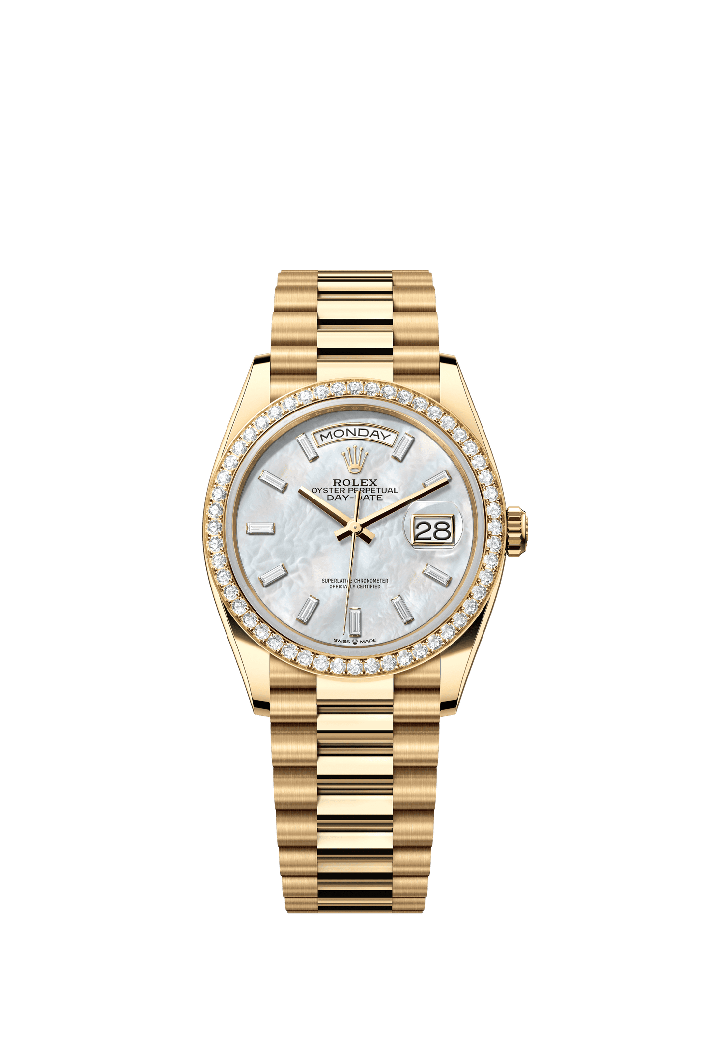 Rolex Day-Date 36 36 mm White Mother-Of-Pearl Set With Diamonds Dial 18k Yellow Gold President Bracelet m128348rbr-0070