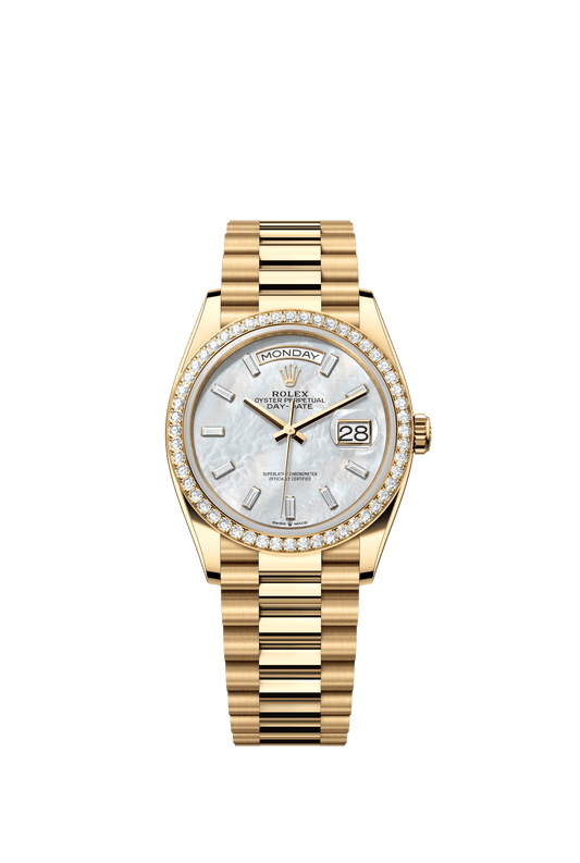 Rolex Day-Date 36 36 mm White Mother-Of-Pearl Set With Diamonds Dial 18k Yellow Gold President Bracelet m128348rbr-0070