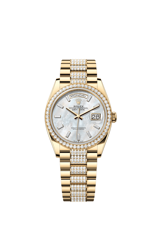 Rolex Day-Date 36 36 mm White Mother-Of-Pearl Set With Diamonds Dial 18k Yellow Gold President Bracelet m128348rbr-0071