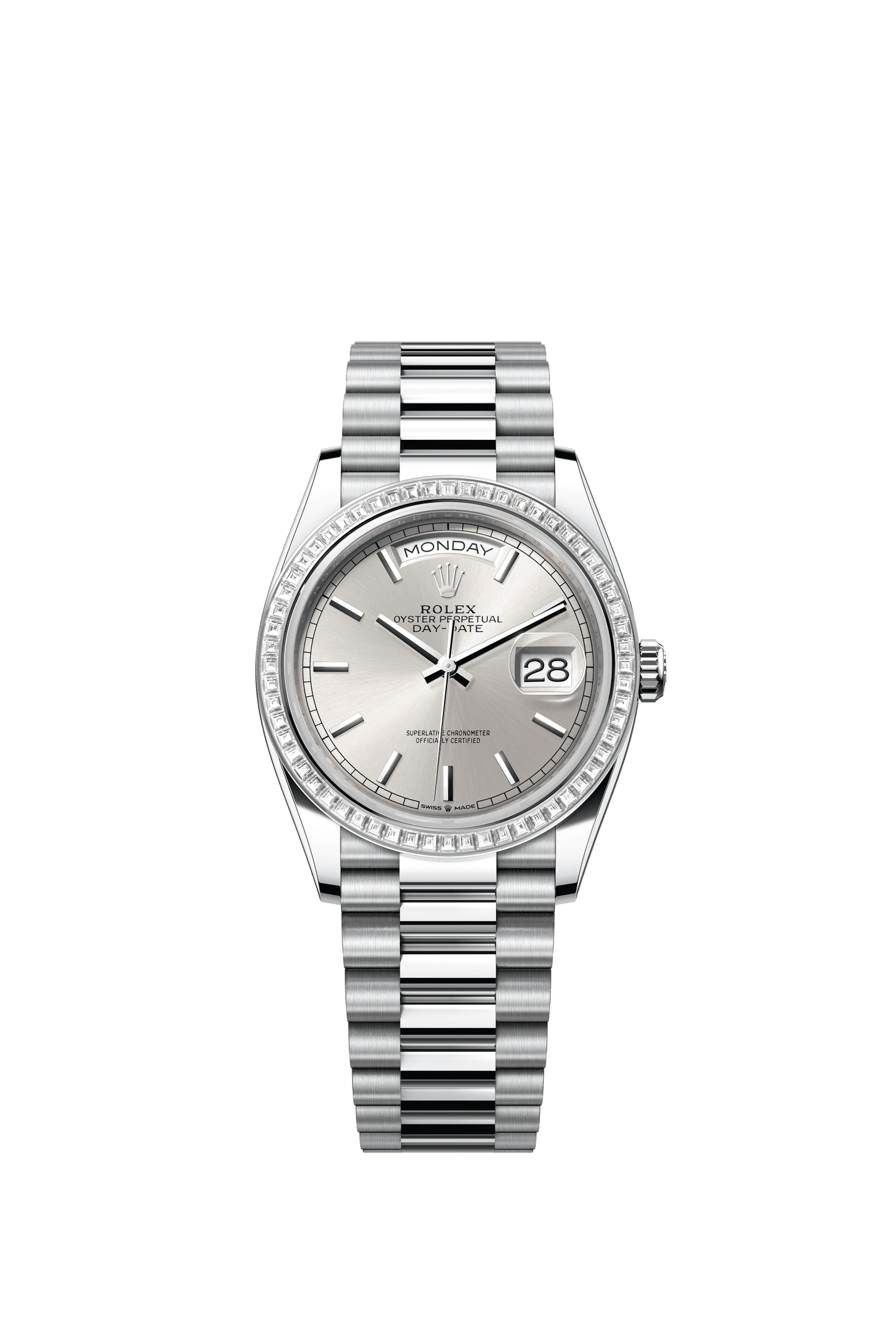 Rolex Day-Date 36 36 mm Silver Dial with Diamonds Platinum President Bracelet m128396tbr-0004