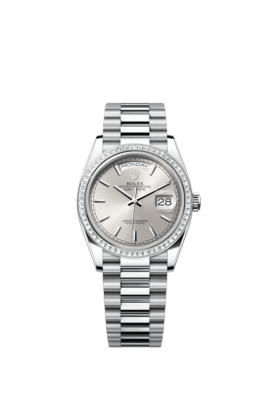 Rolex Day-Date 36 36 mm Silver Dial with Diamonds Platinum President Bracelet m128396tbr-0004