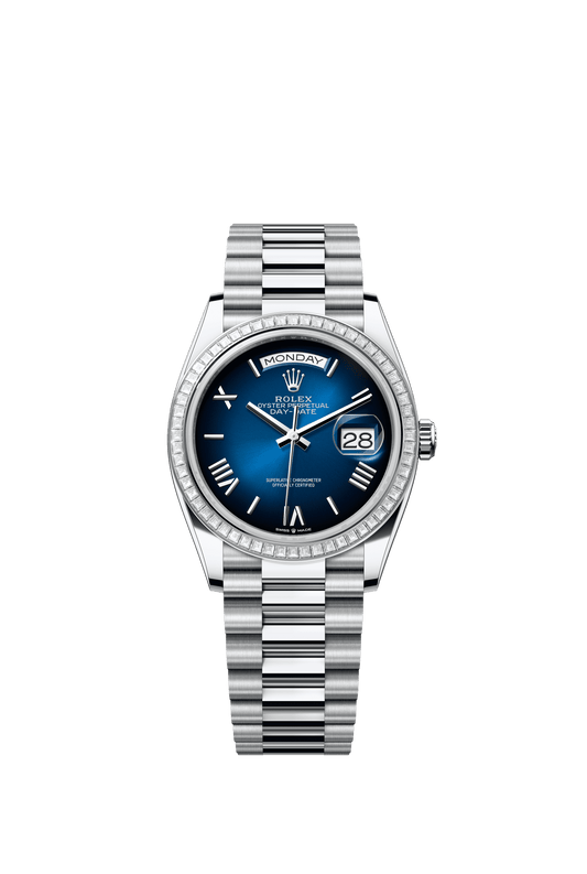 Rolex Day-Date 36 36 mm Blue Ombré Dial with Diamonds Platinum President Bracelet m128396tbr-0021