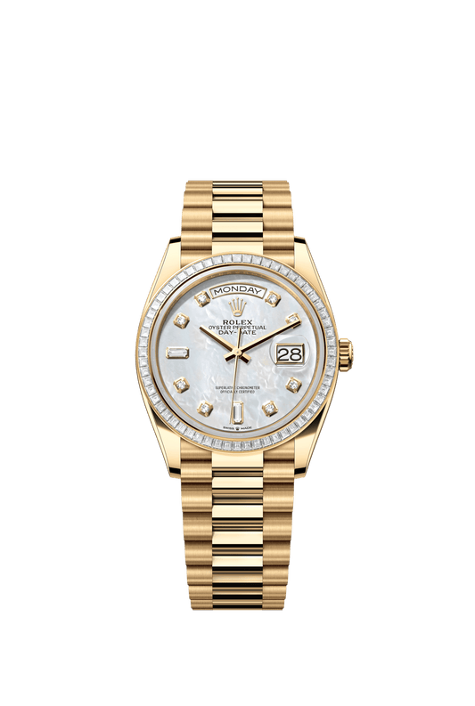 Rolex Day-Date 36 36 mm White Mother-Of-Pearl Set With Diamonds Dial 18k Yellow Gold President Bracelet m128398tbr-0004