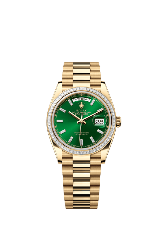 Rolex Day-Date 36 36 mm Bright Green Set With Diamonds Dial 18k Yellow Gold President Bracelet m128398tbr-0035