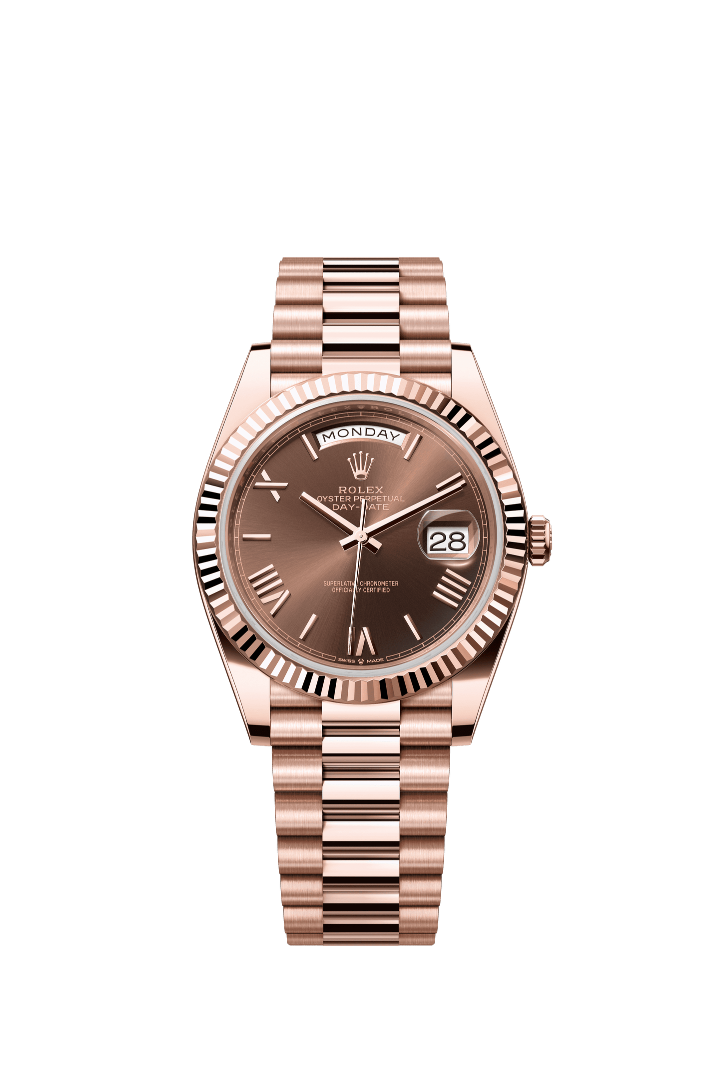 Rolex Oyster 40 mm Chocolate Dial 18 kt Everose Gold President, Semi-Circular Three-Piece Links m228235-0002