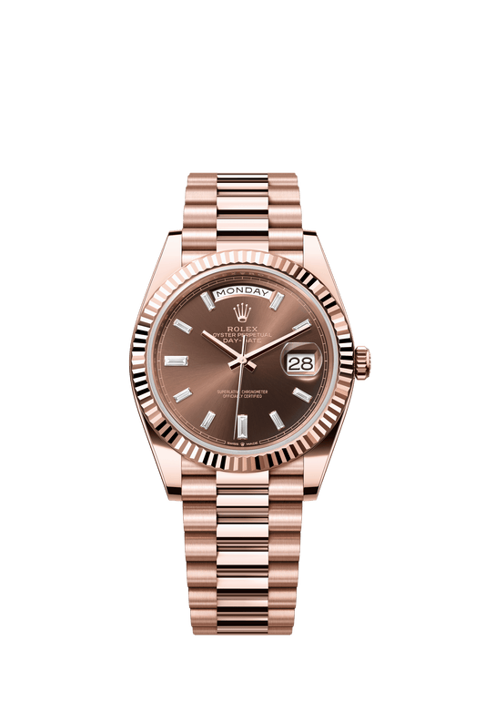 Rolex Oyster 40 mm Chocolate Set With Diamonds Dial 18 kt Everose Gold President, Semi-Circular Three-Piece Links m228235-0003