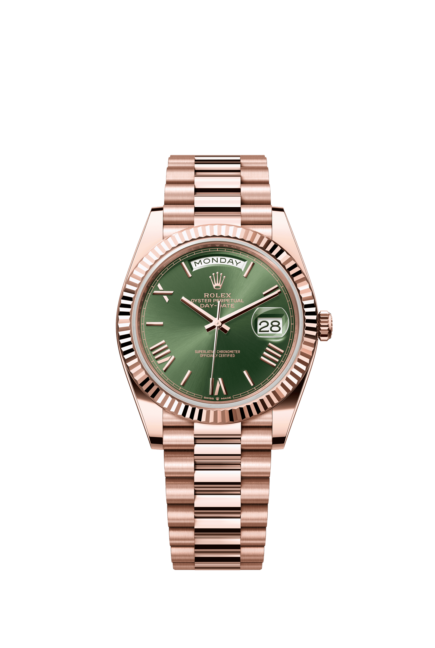 Rolex Oyster 40 mm Olive Green Dial 18 kt Everose Gold President, Semi-Circular Three-Piece Links m228235-0025