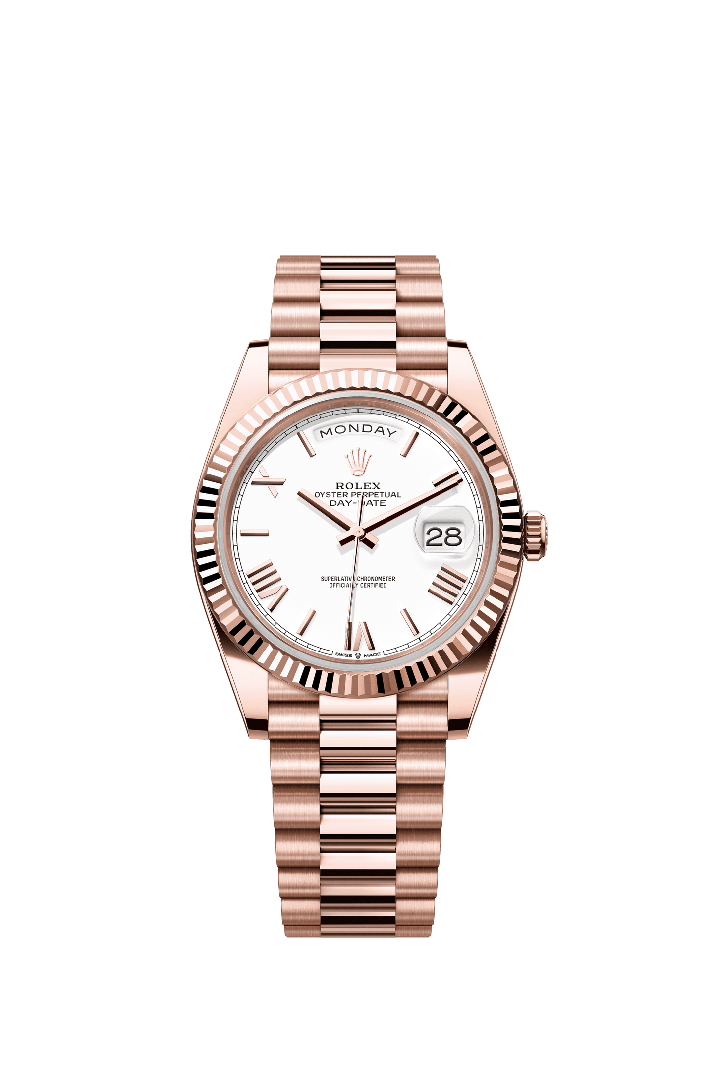 Rolex Oyster 40 mm White Dial 18 kt Everose Gold President, Semi-Circular Three-Piece Links m228235-0032