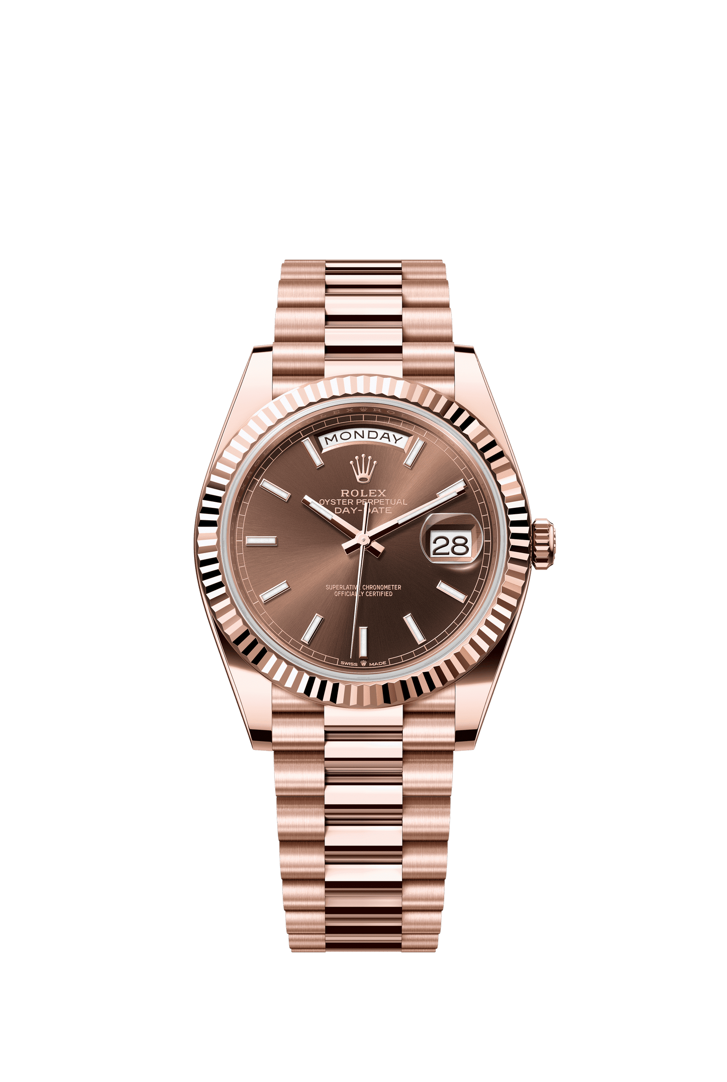 Rolex Oyster 40 mm Chocolate Dial 18 kt Everose Gold President, Semi-Circular Three-Piece Links m228235-0053